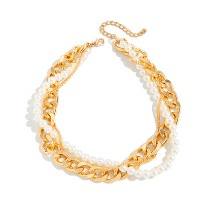Pearl and Goldtone Curb Chain Layered Collar Necklace, everyday style, front view