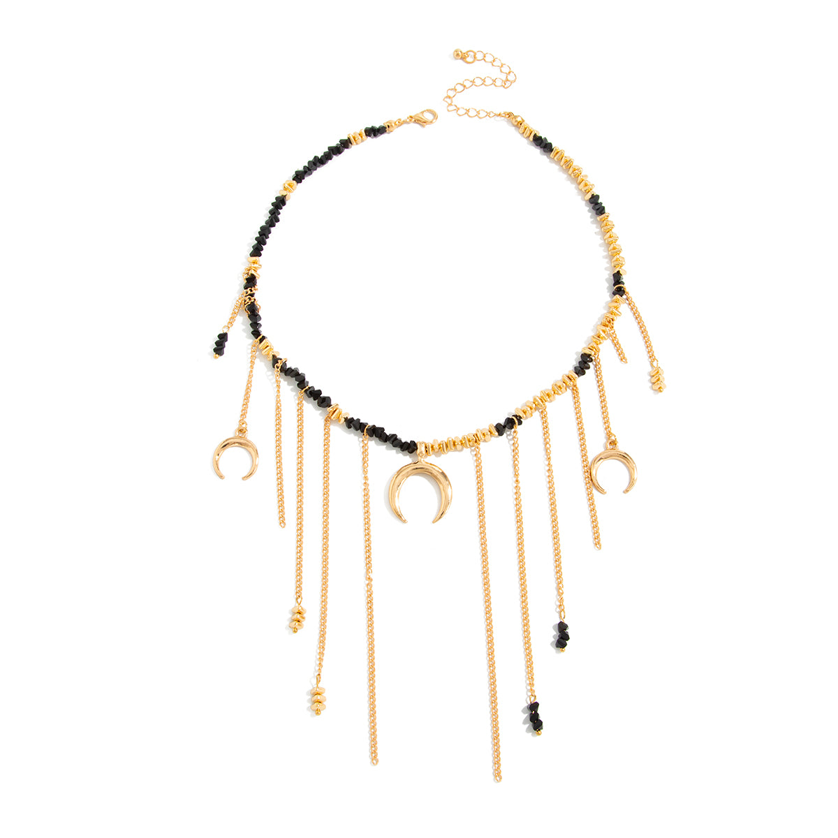 Black Acrylic and Goldtone Moon Pendant Tassel Necklace, dainty minimalist design, front view