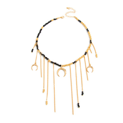 Black Acrylic and Goldtone Moon Pendant Tassel Necklace, dainty minimalist design, front view