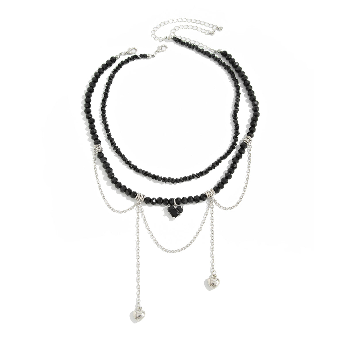 Black Crystal & Acrylic Silvertone Heart Pendant Tassel Necklace Set
