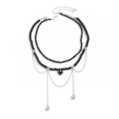 Black Crystal & Acrylic Silvertone Heart Pendant Tassel Necklace Set