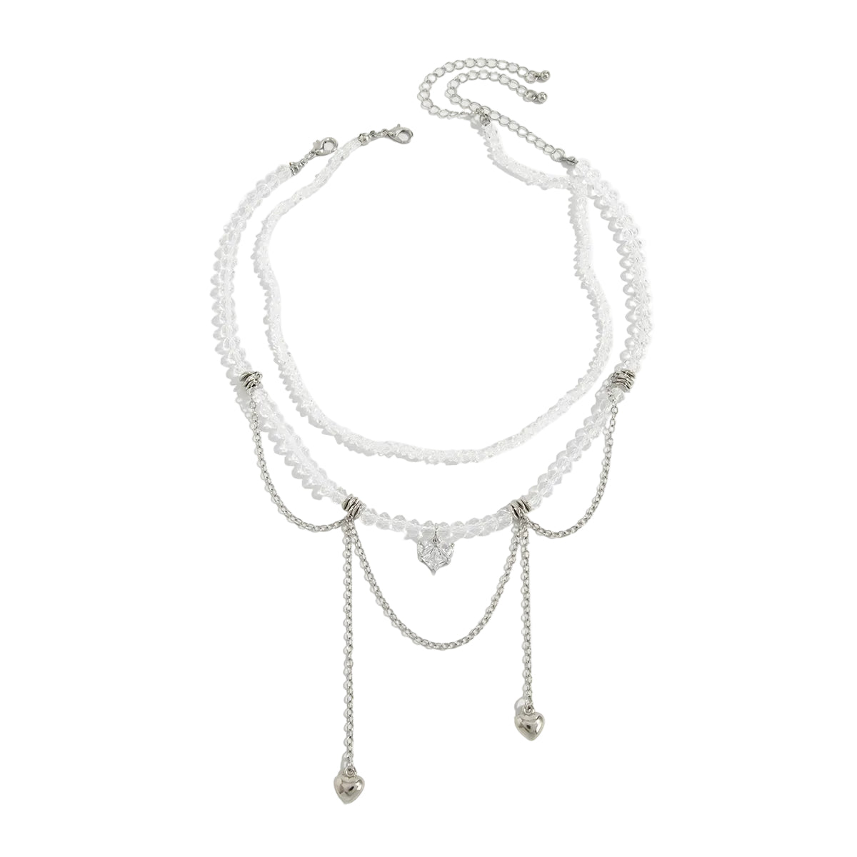 Clear Crystal & Acrylic Silvertone Heart Pendant Tassel Necklace Set