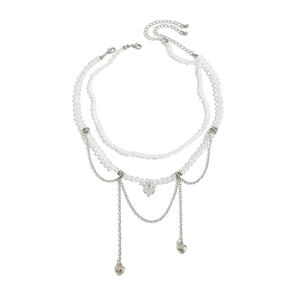 Clear Crystal & Acrylic Silvertone Heart Pendant Tassel Necklace Set