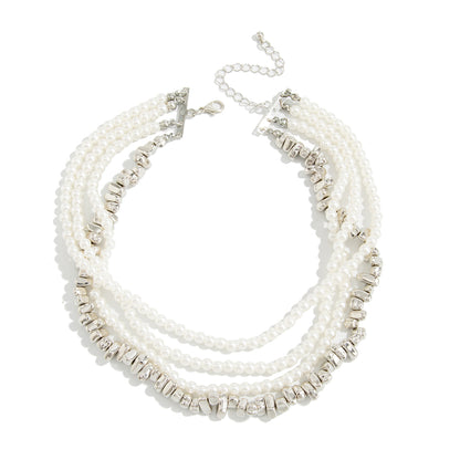 Pearl and Silvertone Irregular Beads Interlocked Layered Necklace, elegant gift for her, front view