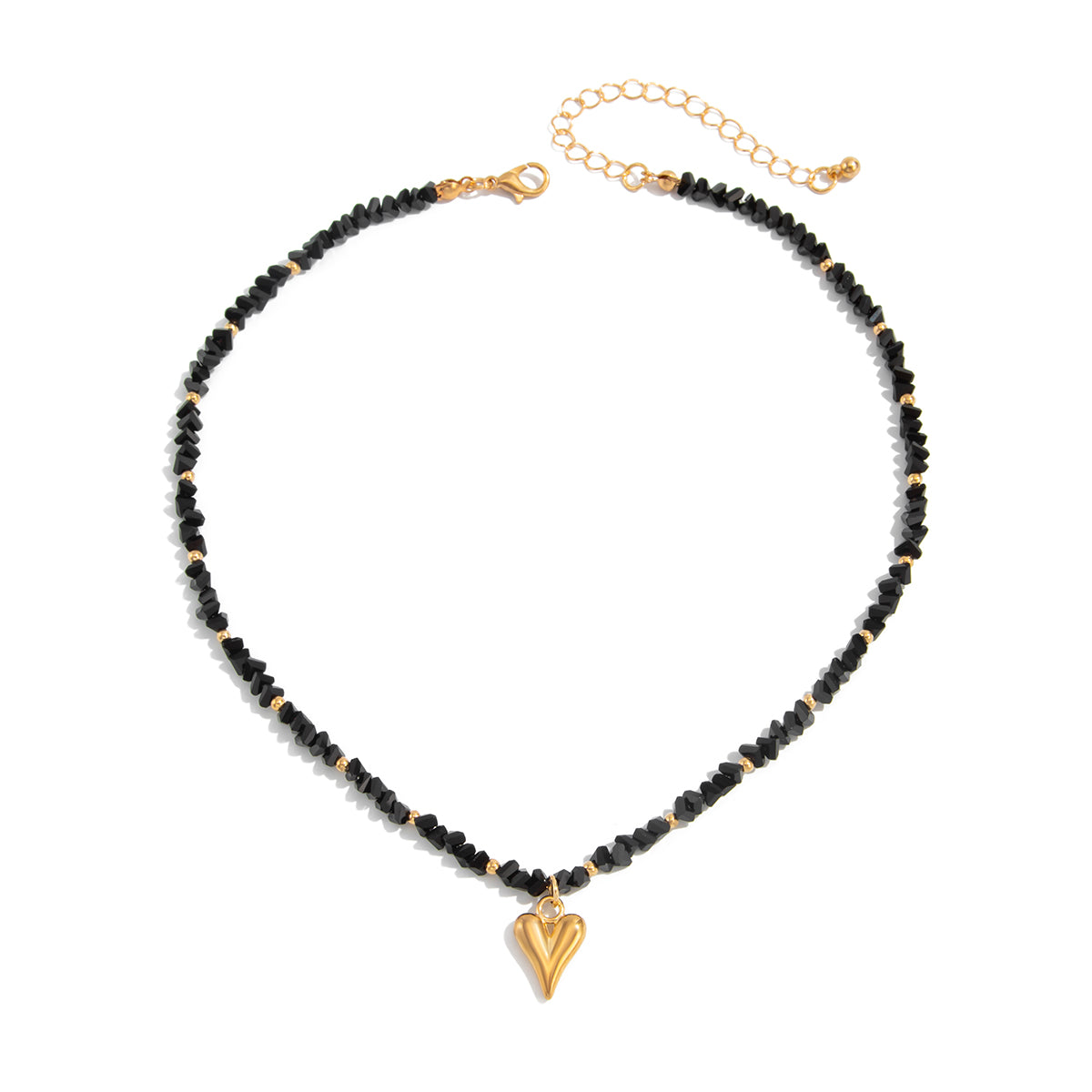 Black Acrylic and Goldtone Heart Pendant Necklace, everyday style, front view