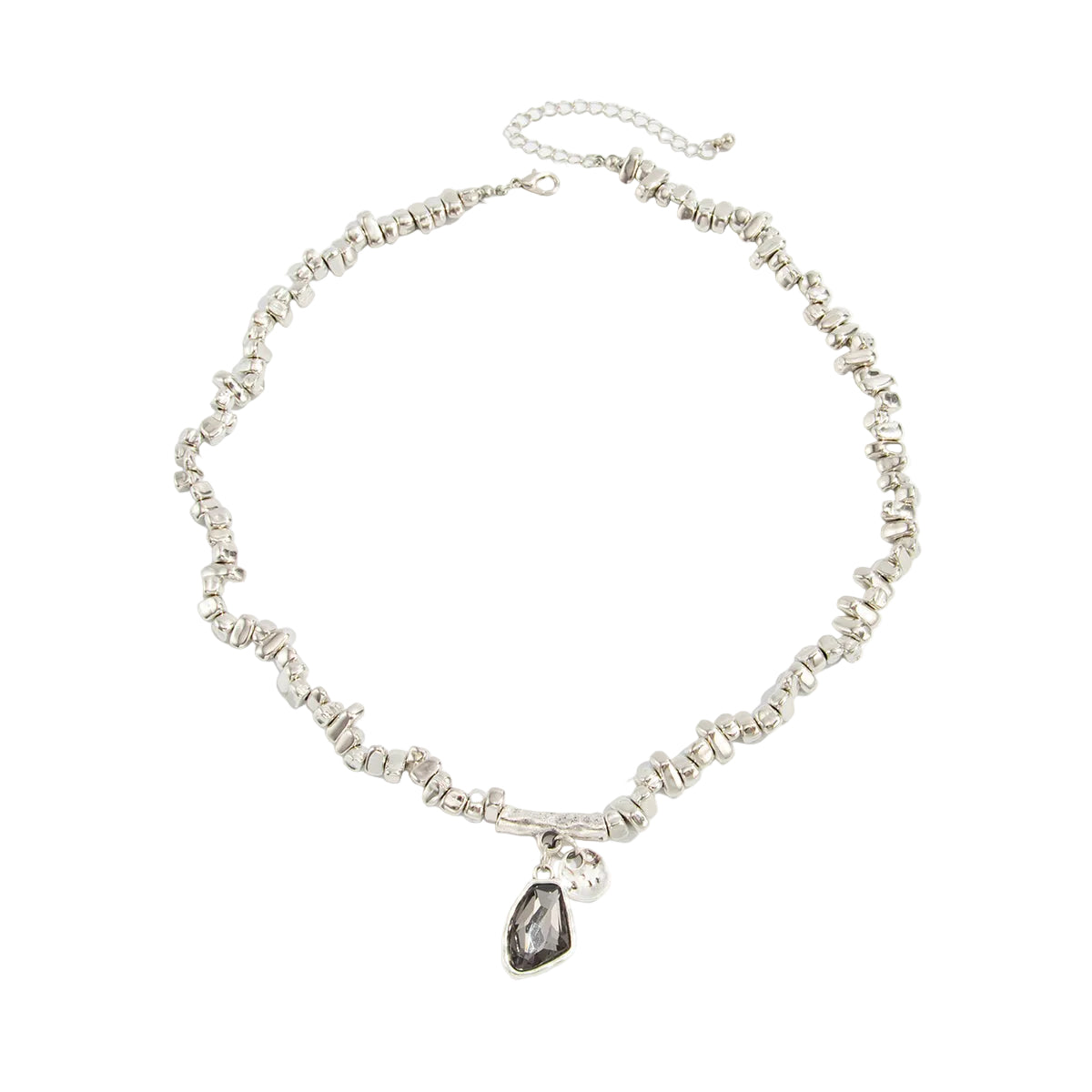 Crystal and Silvertone Irregular Bead Pendant Necklace, botanical inspired, front view
