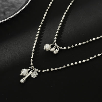 Pearl & Silvertone Drop Bar Pendant Necklace Set