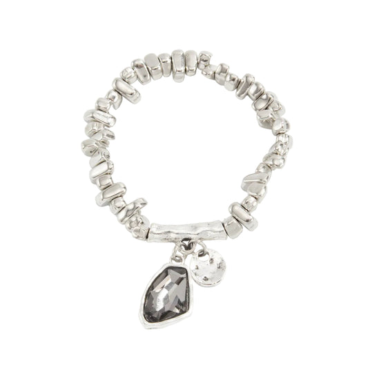 Gray Crystal and Silvertone Irregular Beads Charm Bracelet, silver bracelet for women, botanical inspired, front view