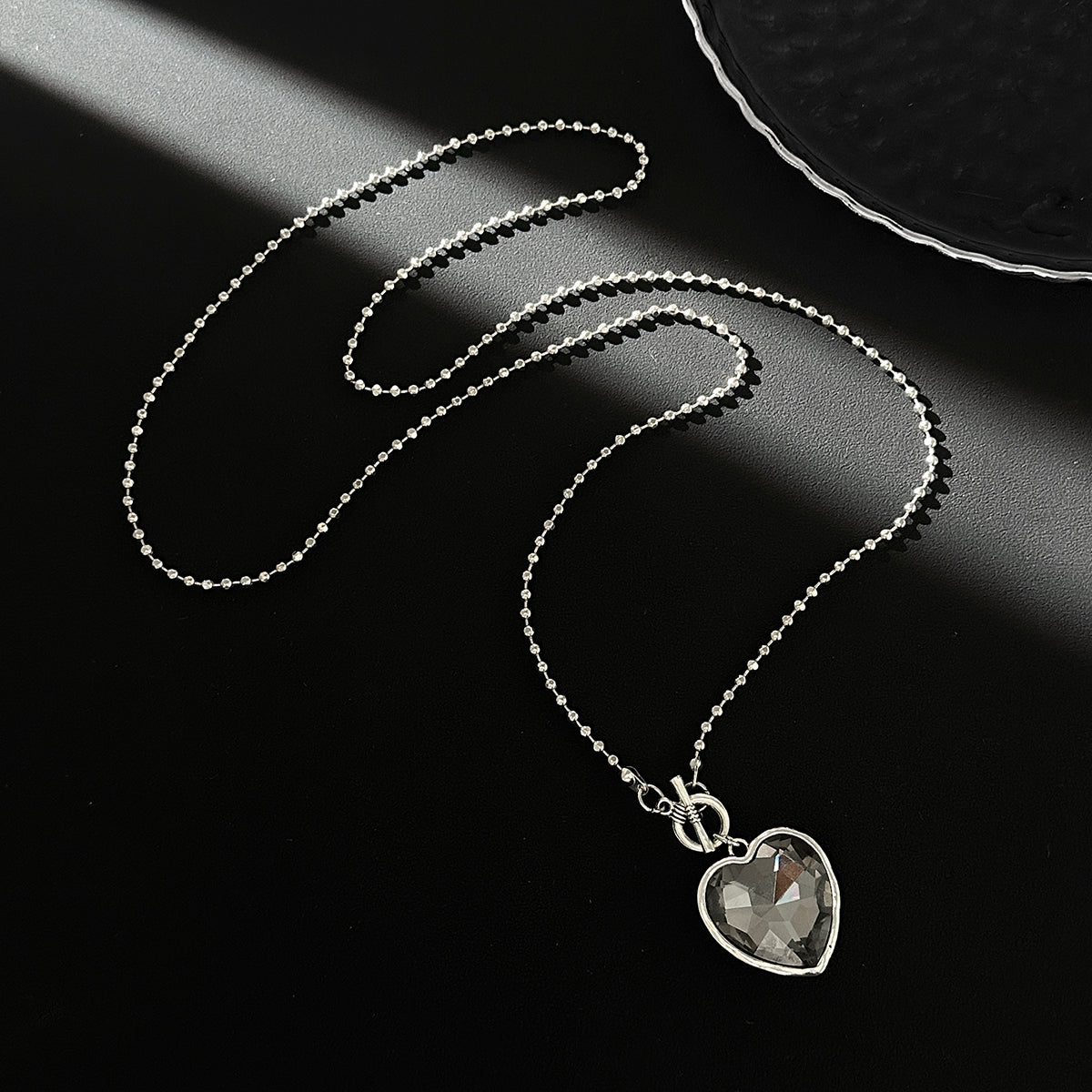 Crystal and Silvertone Heart Pendant Ball Chain Toggle Necklace, elegant gift for her, side view