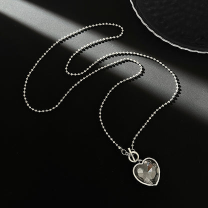Crystal and Silvertone Heart Pendant Ball Chain Toggle Necklace, elegant gift for her, side view