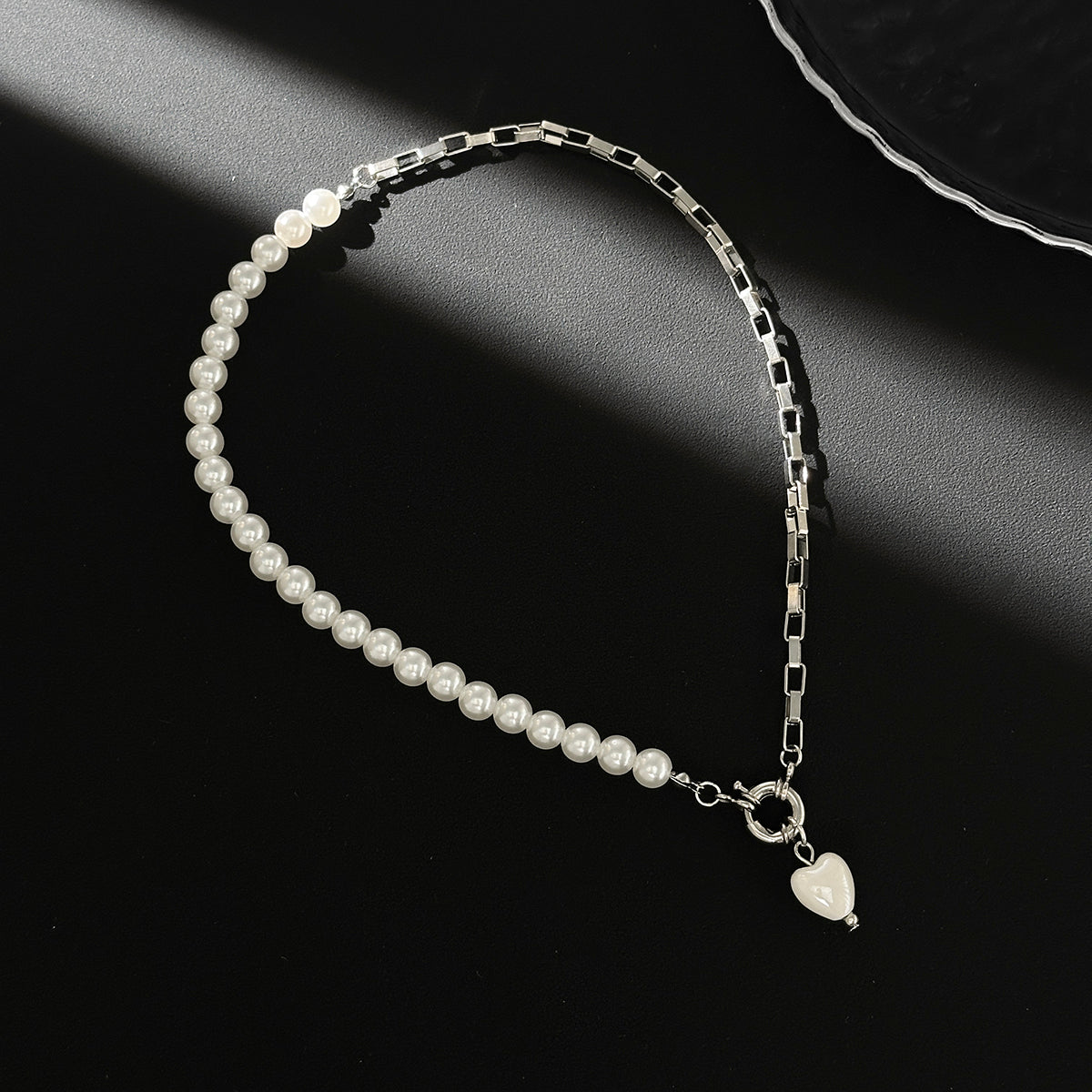 Pearl and Resin Silvertone Heart Pendant Patchwork Necklace, everyday style, side view