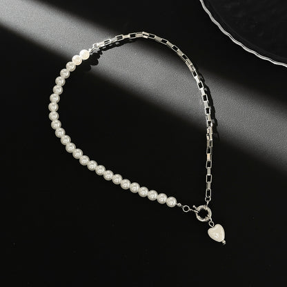 Pearl and Resin Silvertone Heart Pendant Patchwork Necklace, everyday style, side view