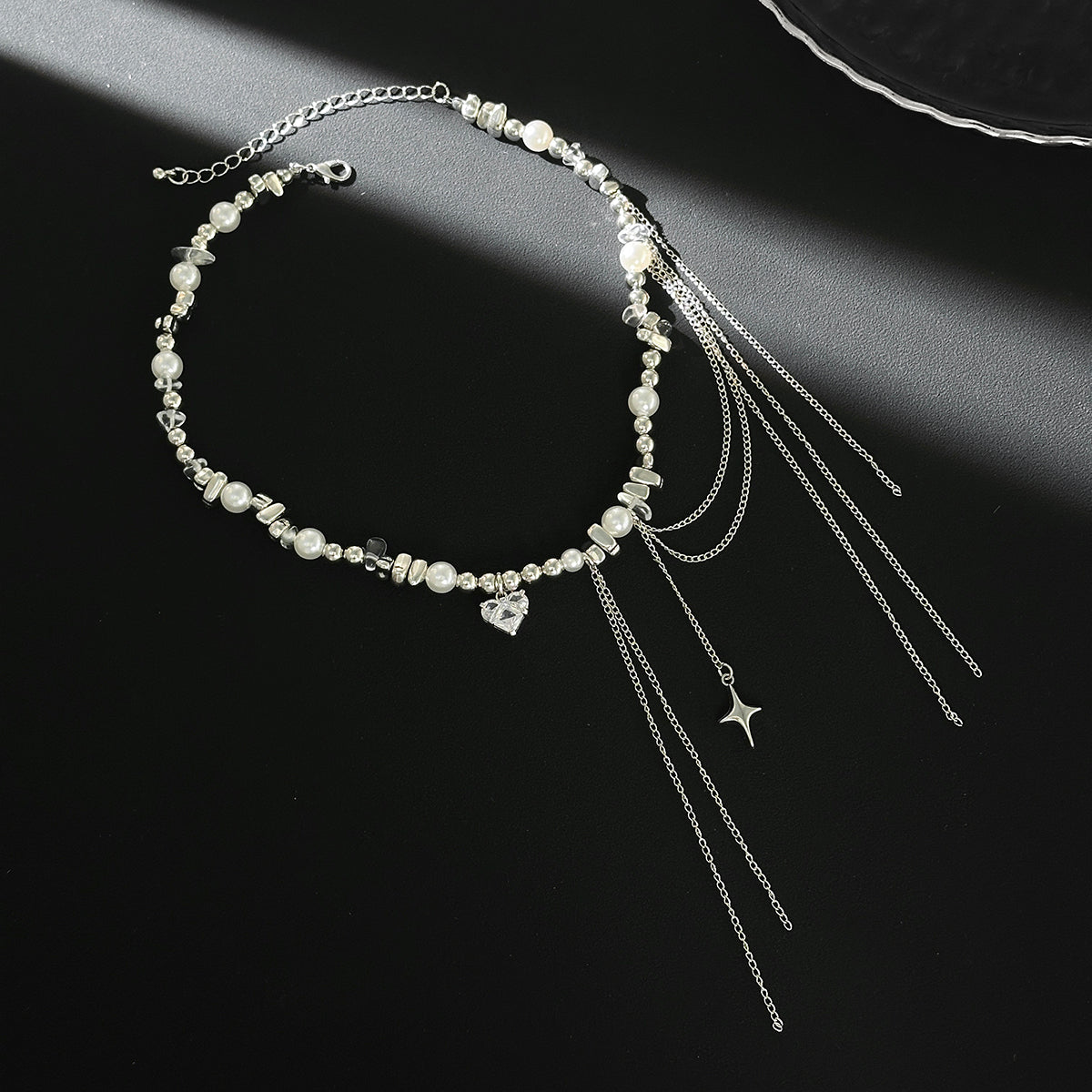 Clear Resin and Crystal Pearl Silvertone Heart Pendant Tassel Necklace, botanical inspired, side view