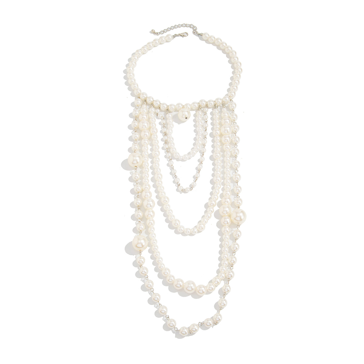 Pearl and Silvertone ‌Graduated Bead Tassel Statement Necklace, dainty minimalist design, front view