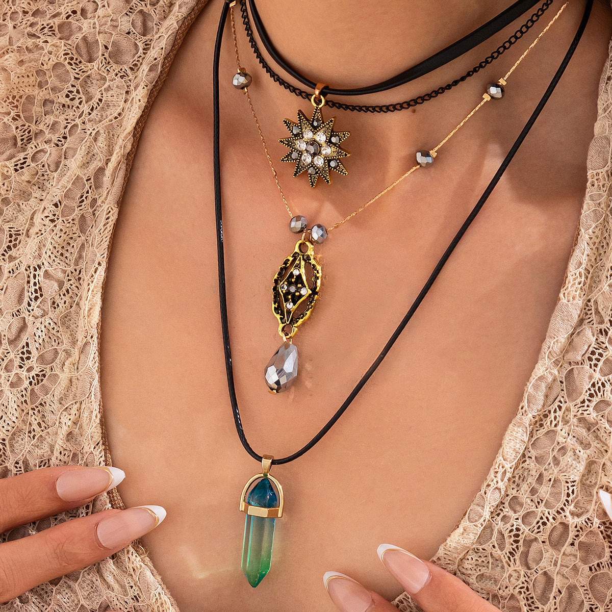 Crystal and Cubic Zirconia Acrylic Polyster Goldtone Star Hexagonal Prism Necklace Set, gold pendant..., lifestyle look