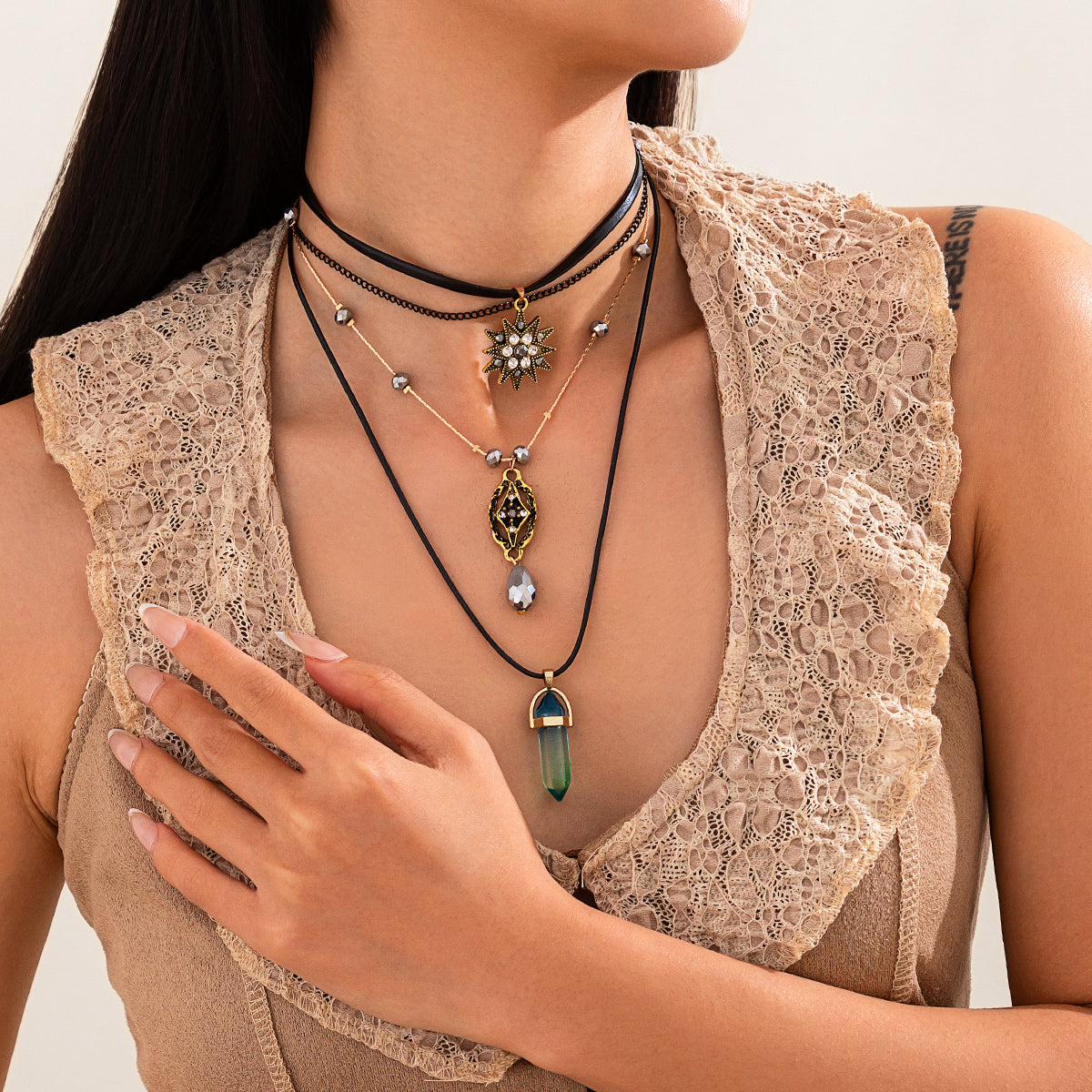 Crystal and Cubic Zirconia Acrylic Polyster Goldtone Star Hexagonal Prism Necklace Set, gold pendant..., styled look