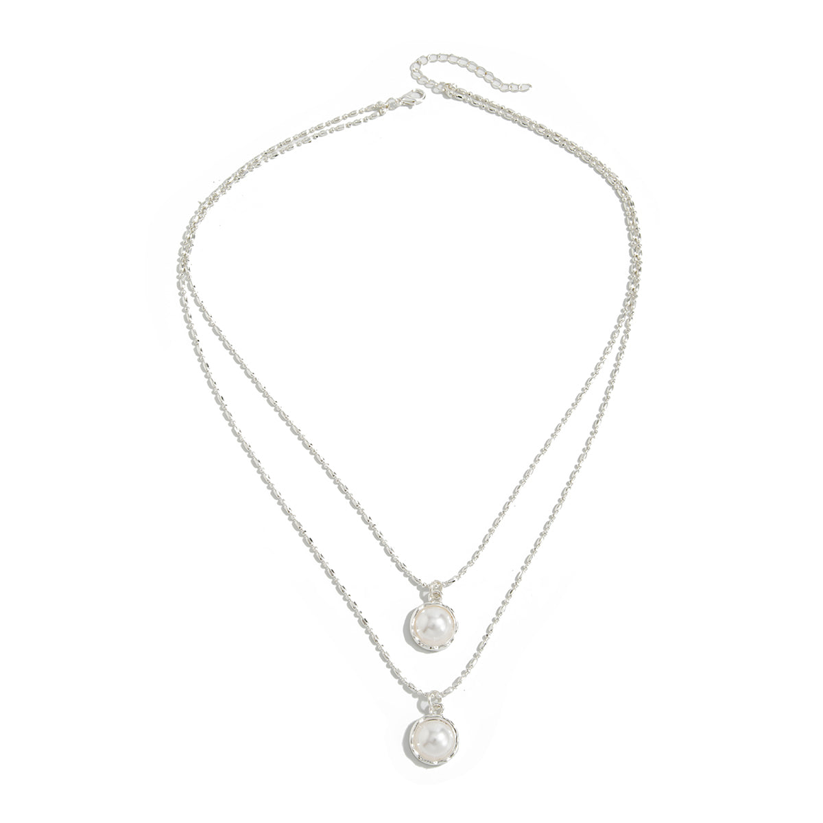 Pearl and Silvertone Shell Pendant Layered Necklace, everyday style, front view