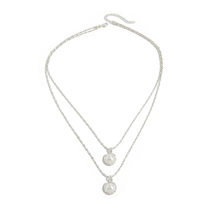 Pearl and Silvertone Shell Pendant Layered Necklace, everyday style, front view