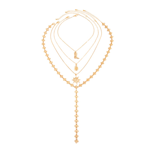 Goldtone Boot Drop Sun Pendant Flower Y-Necklace Set, gold pendant necklace for women, dainty minimalist design, front view