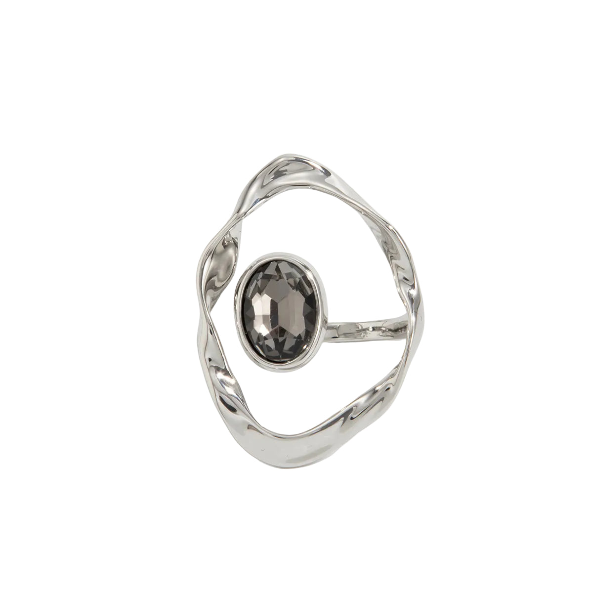Gray Crystal and Silvertone Open Eye Ring, botanical inspired, front view