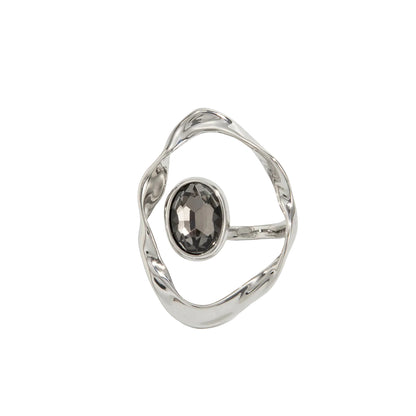 Gray Crystal and Silvertone Open Eye Ring, botanical inspired, front view