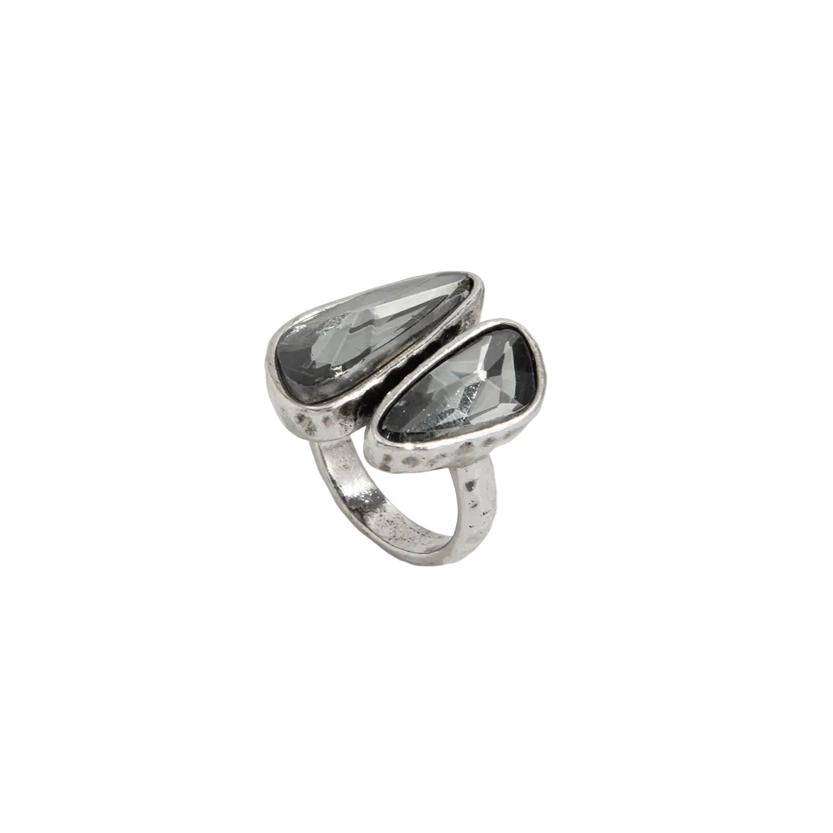 Gray Crystal & Silvertone Dual-Drop Bypass Ring – Street Region