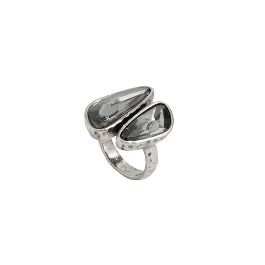 Gray Crystal and Silvertone Dual-Drop Bypass Ring, dainty minimalist design, front view