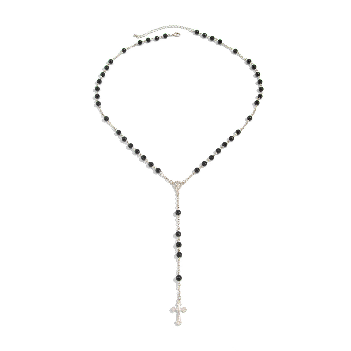 Black Acrylic and Silvertone Cross Drop Necklace, botanical inspired, front view