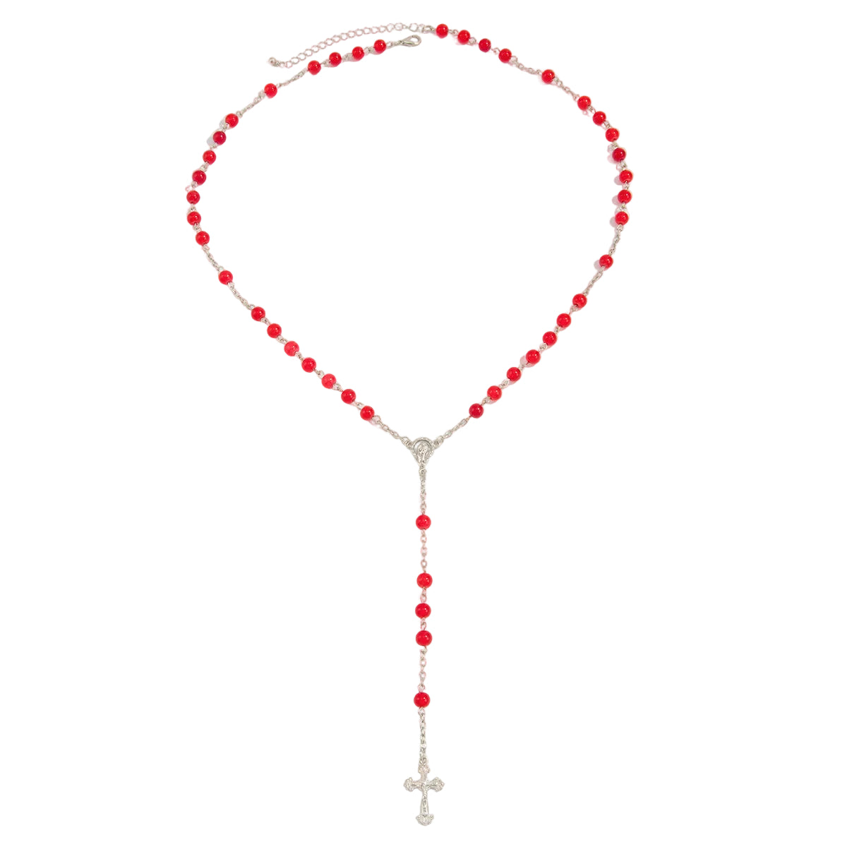 Red Acrylic and Silvertone Cross Drop Necklace, vintage-inspired design, front view
