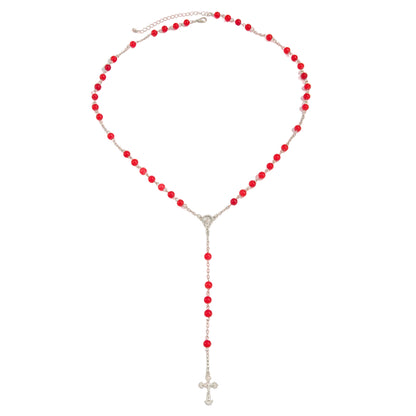 Red Acrylic and Silvertone Cross Drop Necklace, vintage-inspired design, front view