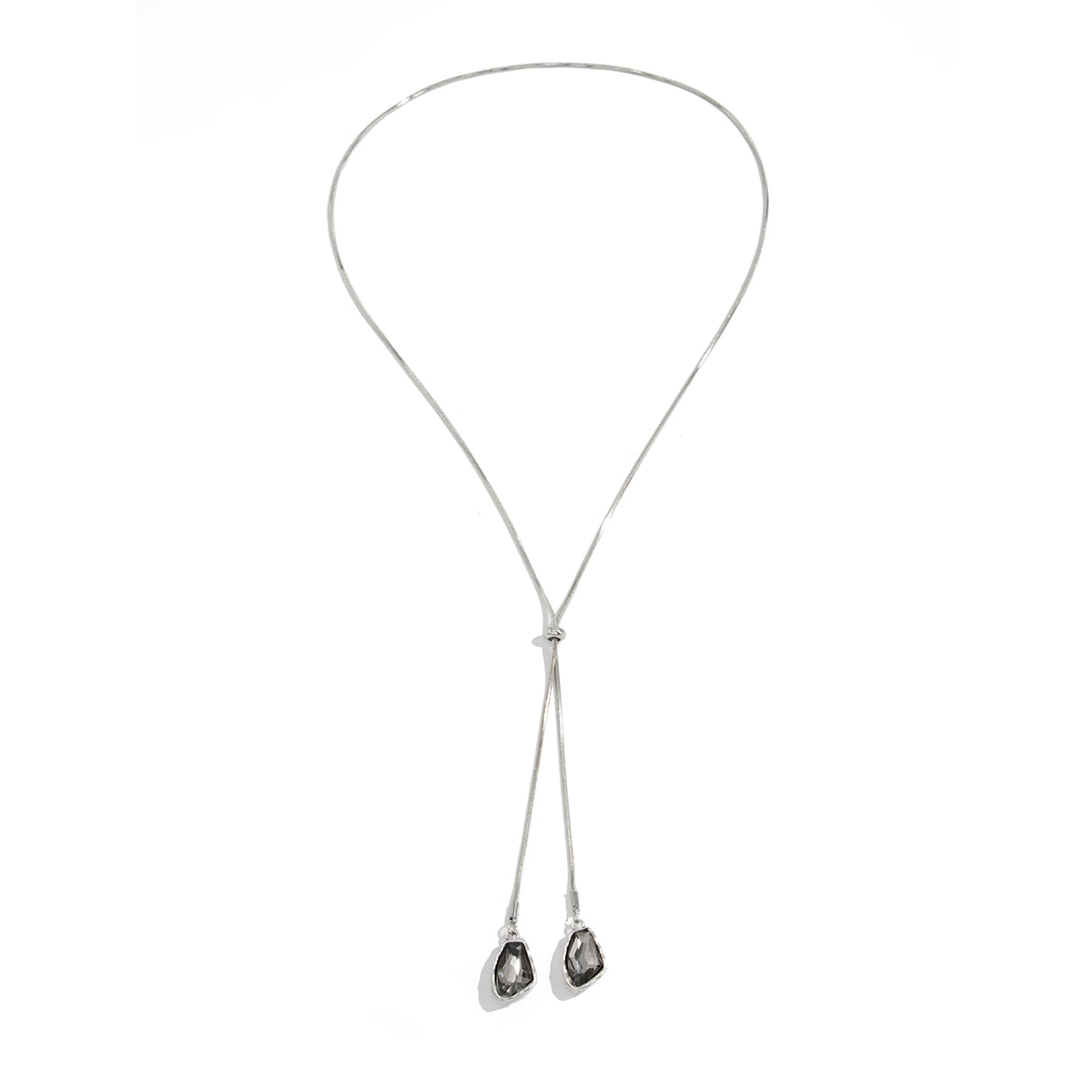 Crystal and Silvertone ‌Trapezium‌ Dual-Drop Long Necklace, botanical inspired, front view