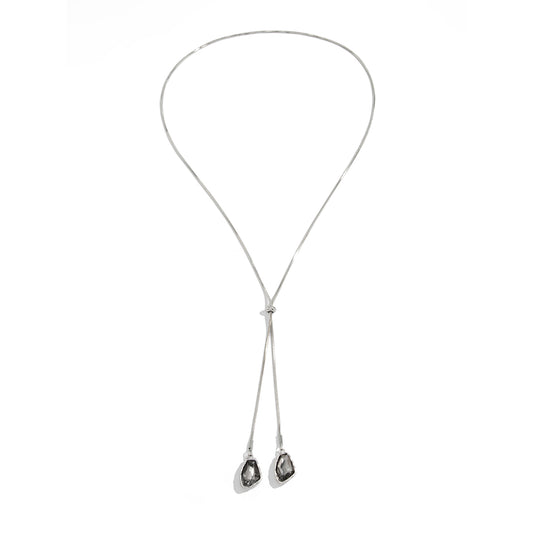 Crystal and Silvertone ‌Trapezium‌ Dual-Drop Long Necklace, botanical inspired, front view