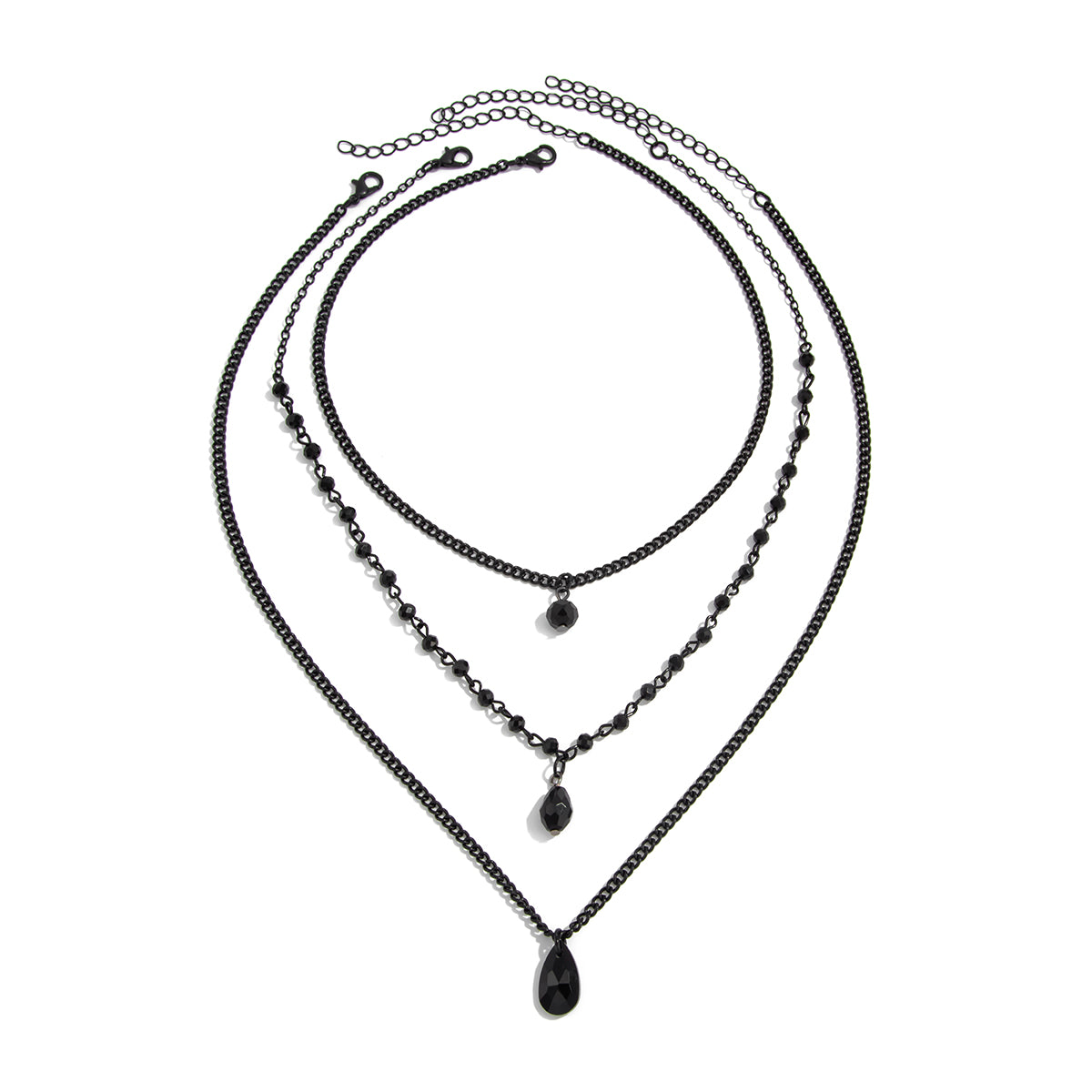 Black Acrylic and Blacktone Beads Chain Drop Pendant Necklace Set, pendant necklace for women, botanical inspired, front view