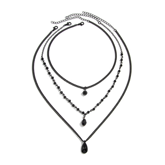 Black Acrylic and Blacktone Beads Chain Drop Pendant Necklace Set, pendant necklace for women, botanical inspired, front view