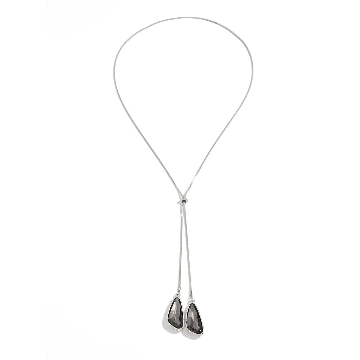 Crystal and Silvertone ‌Triangle Dual-Drop Long Necklace, vintage-inspired design, front view