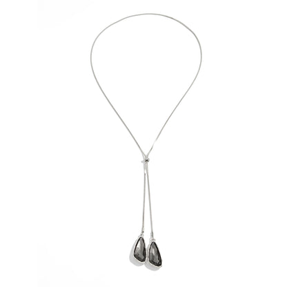 Crystal and Silvertone ‌Triangle Dual-Drop Long Necklace, vintage-inspired design, front view