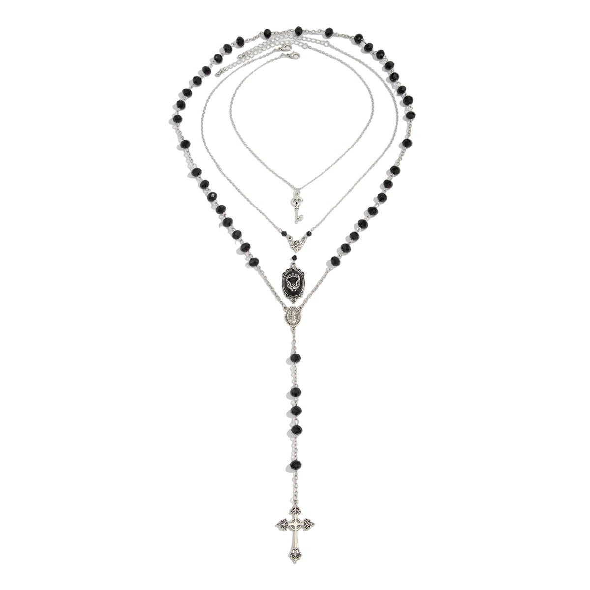 Black Resin and Acrylic Silvertone Bat Oval Cross Drop Necklace Set, silver pendant necklace for women, front view