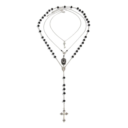Black Resin and Acrylic Silvertone Bat Oval Cross Drop Necklace Set, silver pendant necklace for women, front view