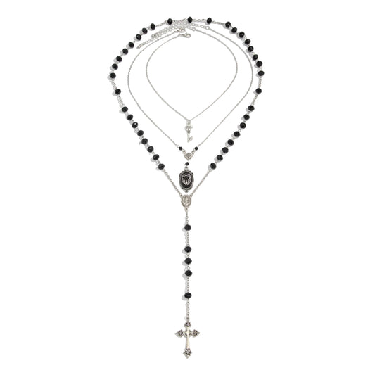 Black Resin and Acrylic Silvertone Bat Oval Cross Drop Necklace Set, silver pendant necklace for women, front view