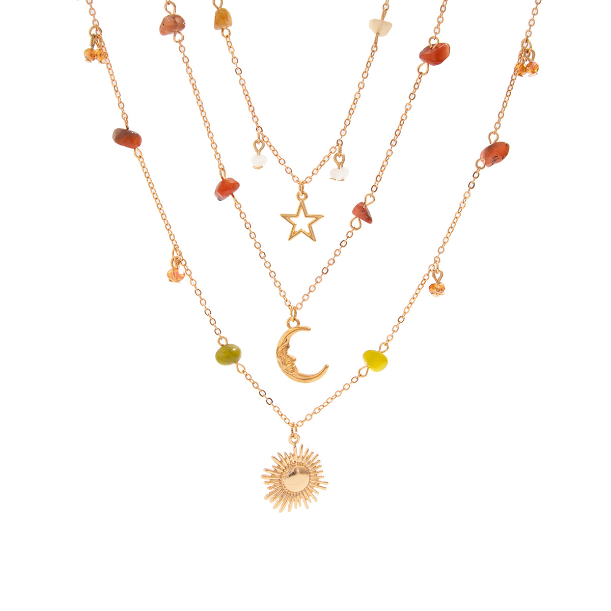 Colored Resin and Goldtone Celestial Pendant Layered Necklace, everyday style, front view