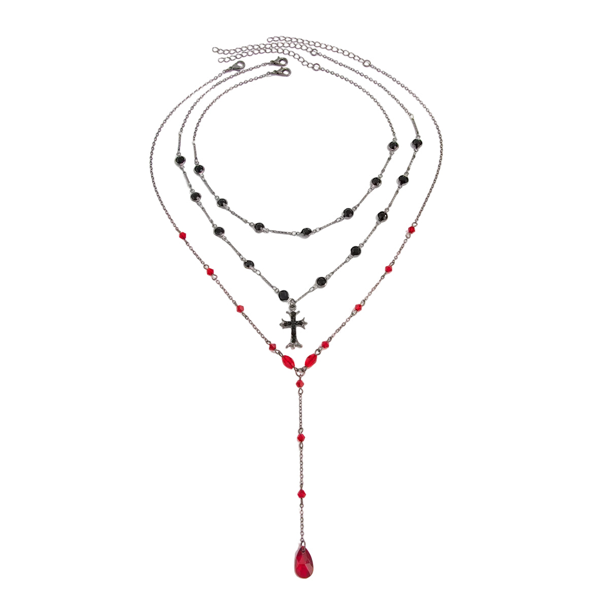 Red Crystal and Acrylic Cubic Zirconia Blacktone Drop Necklace Set, pendant necklace for women, front view