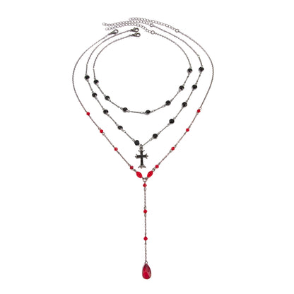 Red Crystal and Acrylic Cubic Zirconia Blacktone Drop Necklace Set, pendant necklace for women, front view