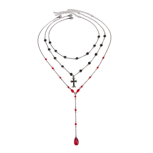Red Crystal and Acrylic Cubic Zirconia Blacktone Drop Necklace Set, pendant necklace for women, front view