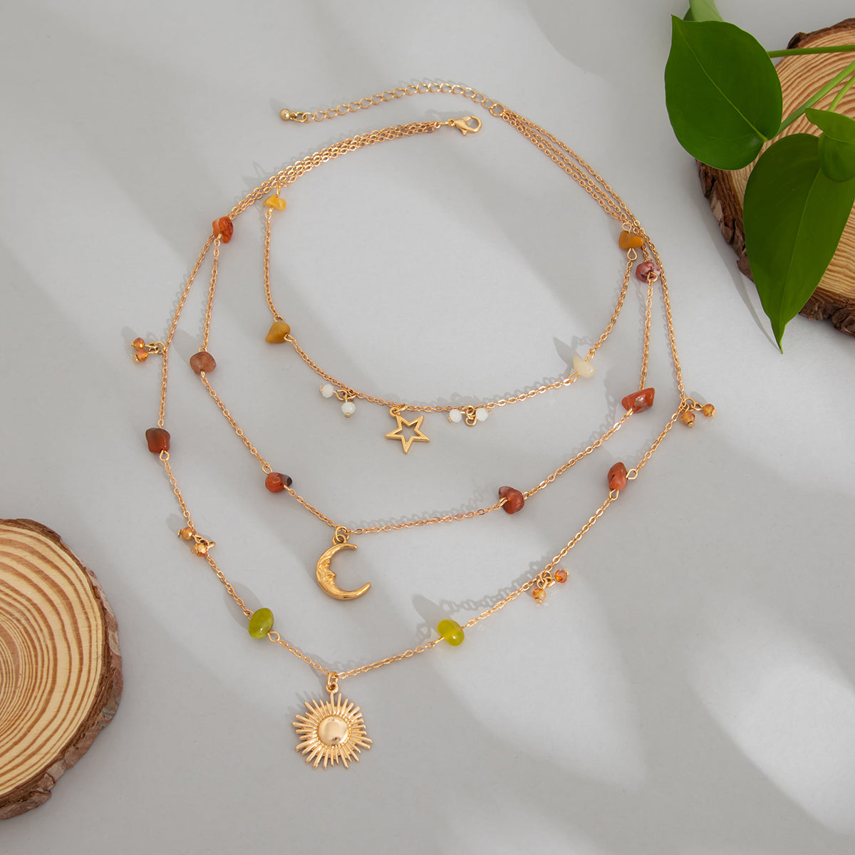 Colored Resin and Goldtone Celestial Pendant Layered Necklace, everyday style, side view