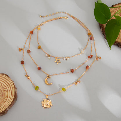 Colored Resin and Goldtone Celestial Pendant Layered Necklace, everyday style, side view