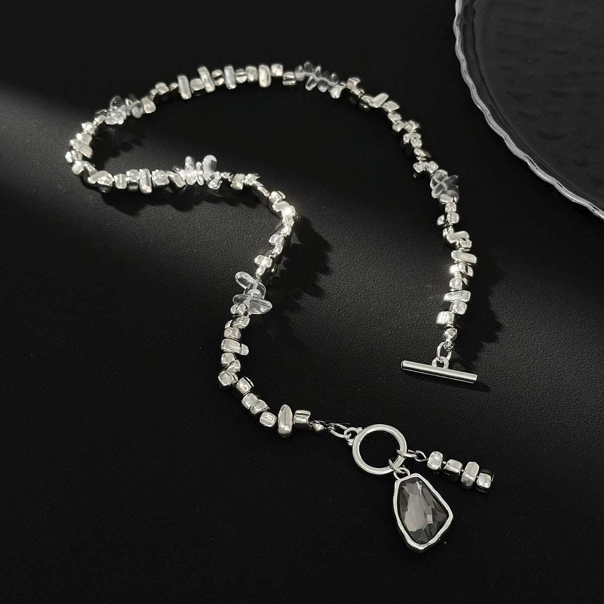 Crystal and Clear Resin Silvertone Bead Chain Toggle Pendant Necklace, vintage-inspired design, side view
