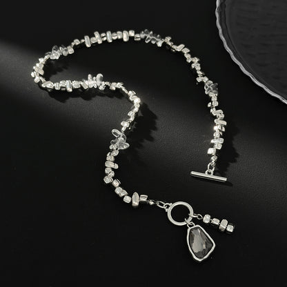 Crystal and Clear Resin Silvertone Bead Chain Toggle Pendant Necklace, vintage-inspired design, side view
