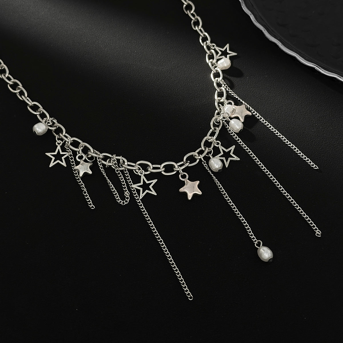 Pearl and Silvertone Star Tassel Collar Necklace, dainty minimalist design, side view