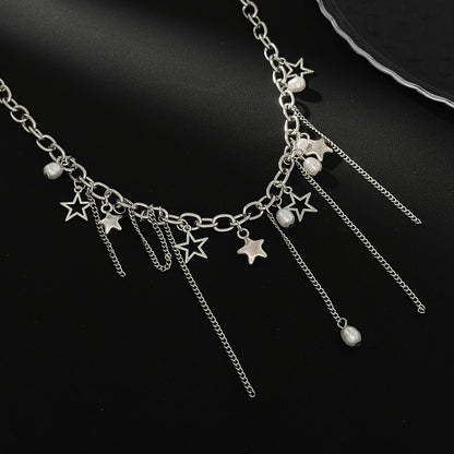 Pearl and Silvertone Star Tassel Collar Necklace, dainty minimalist design, side view
