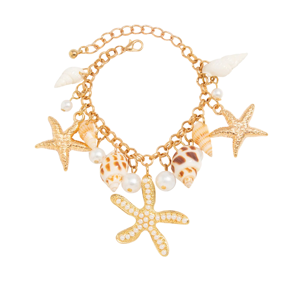 Conch Shell and Pearl Goldtone Starfish Charm Bracelet, elegant gift for her, front view